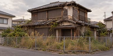 屋根や外壁が傷み、仮囲いに囲まれた老朽化した木造の空き家と、雑草が伸びた敷地