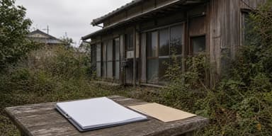 古い空き家の外観と保険書類をイメージした写真