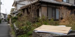 古い空き家の外観と固定資産税の通知書をイメージした写真