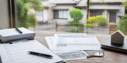空き家を背景に査定書類とチェックリストを確認する机上