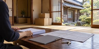 片付けが進んだ和室の座卓に、白紙の書類の束と家の鍵が置かれ、縁側の向こうに古い木造住宅の外観が見える様子