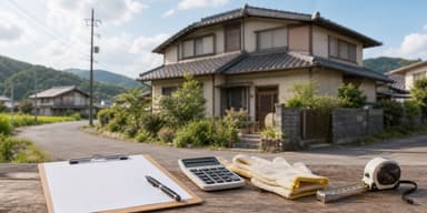 地方の広い敷地に建つ古い家屋の解体をイメージした写真
