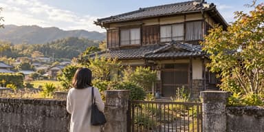 庭木のある古い木造の実家を、門の前から見つめる人の後ろ姿