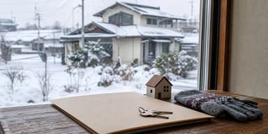 積雪のある北海道の住宅地にある空き家と処分方法を検討するイメージ