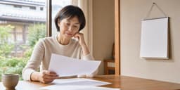 カレンダーの前で書類を確認する中年女性と、空き家になった実家の外観