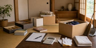 遺品整理の箱と見積もり書類をイメージしたメインビジュアル