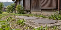 古い木造の空き家の庭先の地面に並ぶ、浄化槽の丸いマンホールのふた
