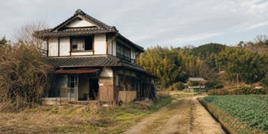 農地に隣接した古い家屋がある日本の田園風景