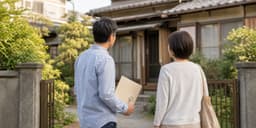 親の家の前に立ち、処分方法を考える子世代の家族