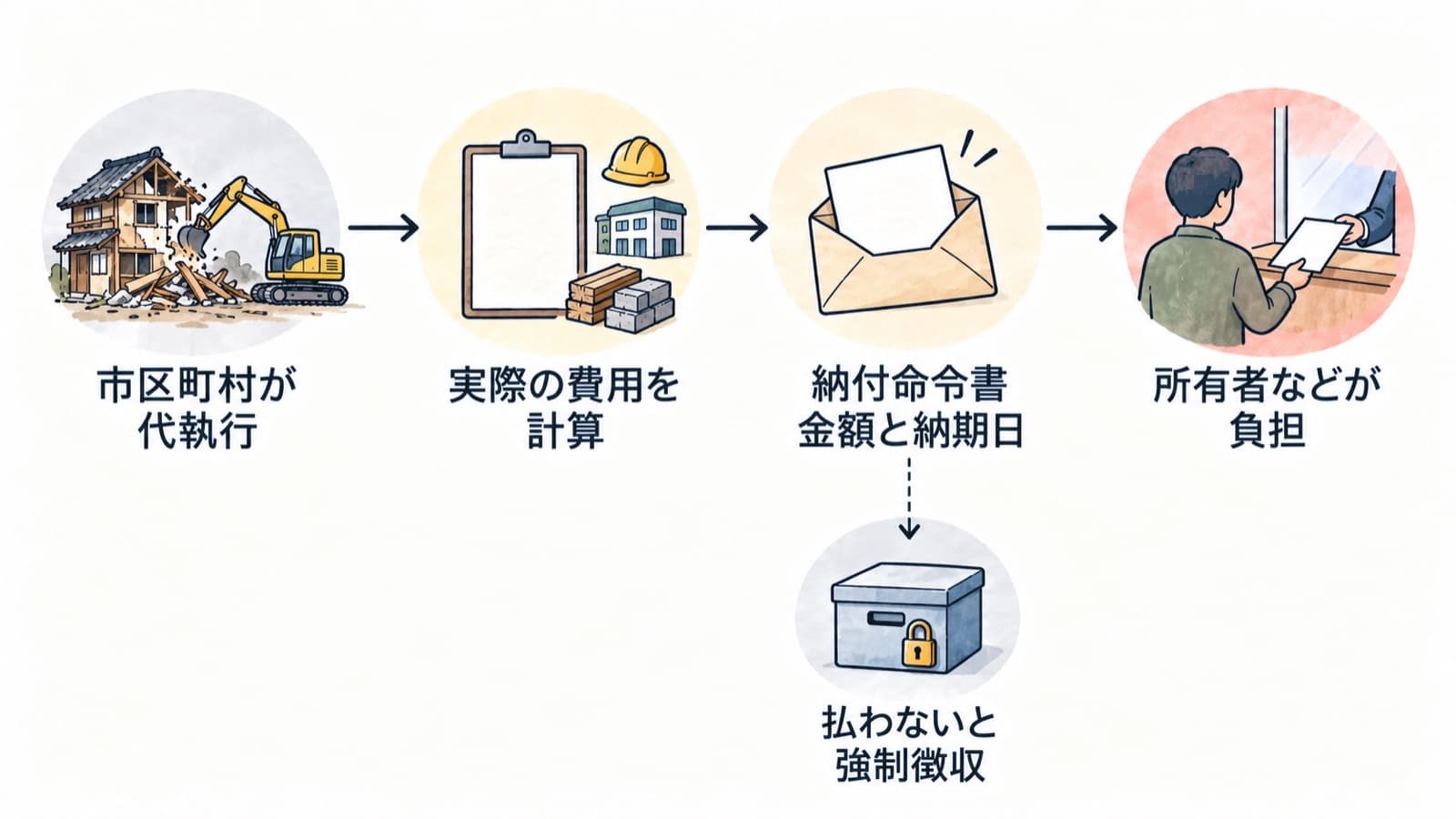 市区町村が行政代執行で空き家を取り壊すと、実際にかかった費用が計算され、金額と納期日を示した納付命令書で所有者などに請求され、所有者などが負担すること、払わない場合は税金の滞納と同じ方法で強制的に徴収されることを表した図