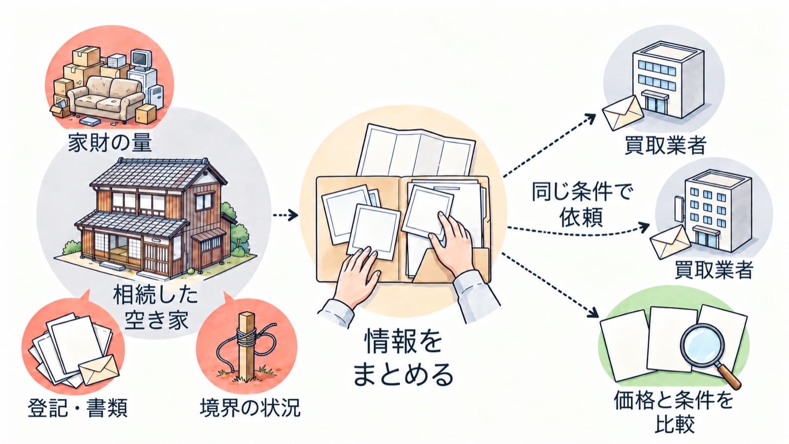 家財・境界・書類の状況を整理し、同じ条件をそろえて複数の会社に査定を依頼し、提示内容を並べて比べる流れを表した図