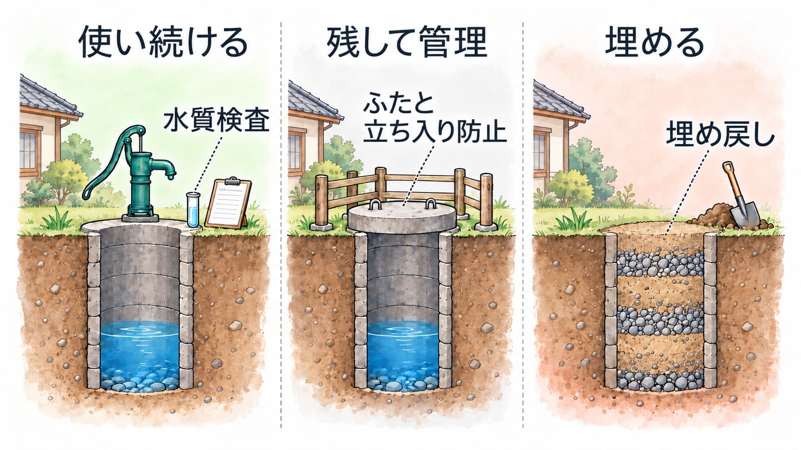 空き家の井戸の扱い方として、飲み水に使い続けるなら水質検査、使わずに残すならふたと立ち入り防止、埋めるなら埋め戻しが必要なことを比べた図