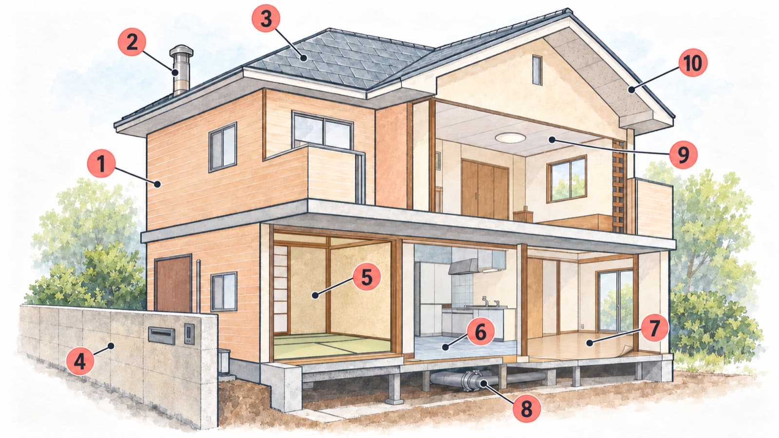 2階建ての戸建て住宅の断面に、アスベストが使用されていた可能性がある10か所を①〜⑩の記号で示した図（①外壁サイディング、②煙突まわり、③屋根の化粧スレート、④ブロック塀の仕上塗材、⑤和室の砂壁、⑥キッチンのビニル床タイル、⑦フロアシート、⑧配管のガスケット・パッキン、⑨天井の石膏ボード、⑩軒天のけい酸カルシウム板）