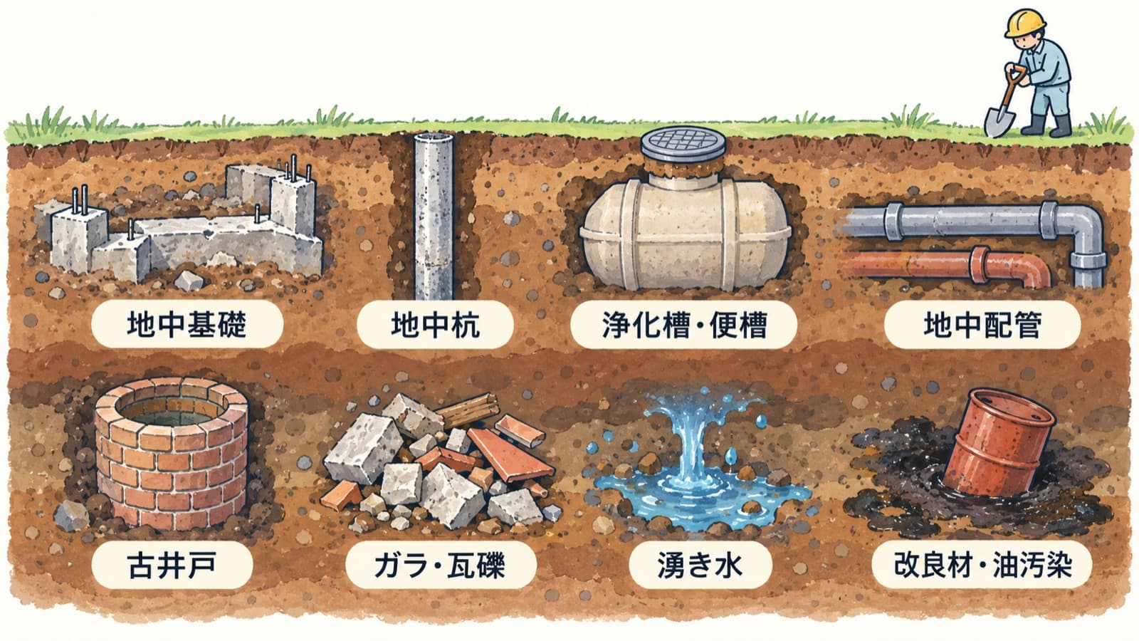 地面の断面に、地中基礎・地中杭・浄化槽や便槽・地中配管・古井戸・ガラや瓦礫・湧き水・改良材や油汚染の8種類の地中埋設物を、名前のラベル付きで示した図