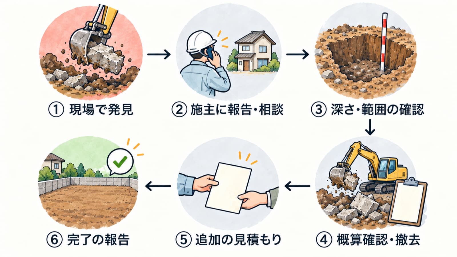 地中埋設物を現場で発見してから、施主への報告・相談、深さや範囲の確認、概算の確認と撤去、追加の見積もり、完了の報告までの6つのステップを、順番の番号と矢印でつないだ図