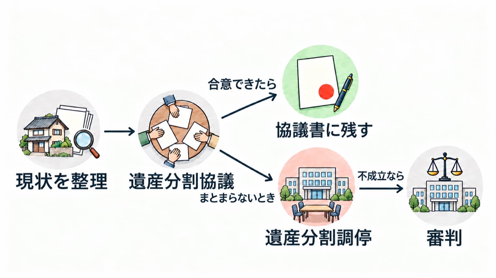 現状を整理してから遺産分割協議を行い、合意できたら協議書に残し、まとまらないときは家庭裁判所の遺産分割調停を利用し、調停が不成立なら審判に移る流れを表した図