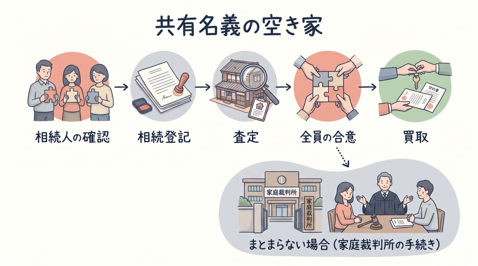 共有名義の空き家を売るまでに、相続人の確認、相続登記、査定、全員の合意を経て買取に進み、まとまらない場合は裁判所の手続きに分かれる流れを表した図