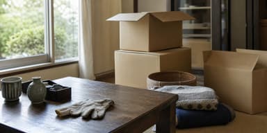 実家の片付けで運び出す荷物と休憩中の軍手をイメージした写真