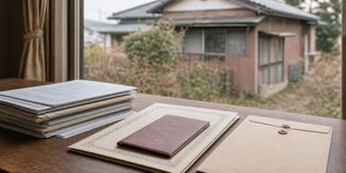 古い空き家と確定申告の書類・印鑑を並べたイメージ写真