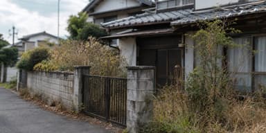 放置された空き家のリスクをイメージした草木が伸びた日本家屋の写真