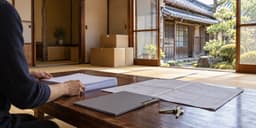 片付けが進んだ和室の座卓に、白紙の書類の束と家の鍵が置かれ、縁側の向こうに古い木造住宅の外観が見える様子