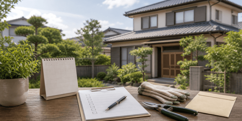 空き家管理費用は年間いくら?自己管理と委託を比較して考えるの内容を表す空き家と資料のメインビジュアル