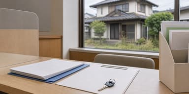 行政窓口の机上に置かれた空き家の制度資料と鍵