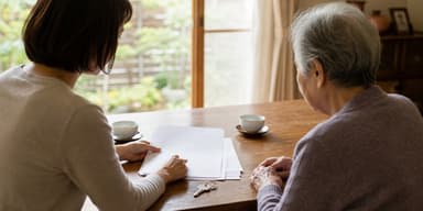 高齢の親と向き合い、実家の書類を確認する子世代の様子