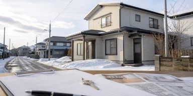 雪の残る北海道の住宅街にある空き家と査定書類
