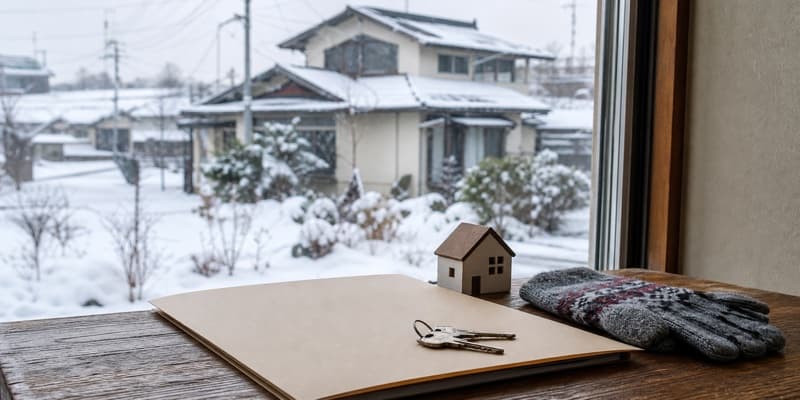 積雪のある北海道の住宅地にある空き家と処分方法を検討するイメージ