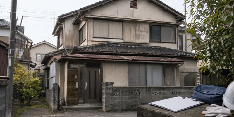 アスベスト含有建材を含む古い日本家屋の外観と解体作業のイメージ