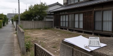 解体後の固定資産税をイメージした更地と書類・電卓の写真