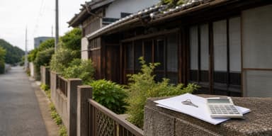 解体費用の支払い方法をイメージした空き家と書類・電卓の写真
