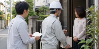 解体工事前に近隣へ挨拶する施主と工事業者の様子