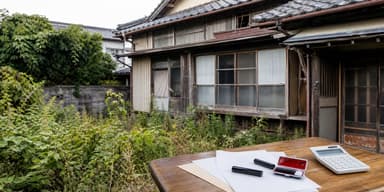 相続放棄か解体かの選択を示す古い空き家と法的書類のイメージ写真
