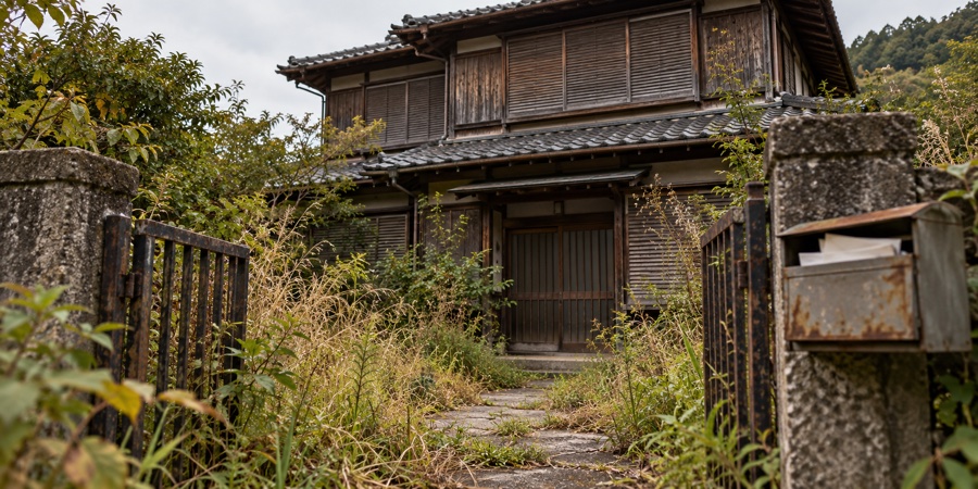 雑草が伸び、雨戸が閉まったままの古い木造の空き家の玄関先と、郵便受けにたまった封書