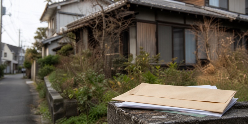 古い空き家の外観と固定資産税の通知書をイメージした写真