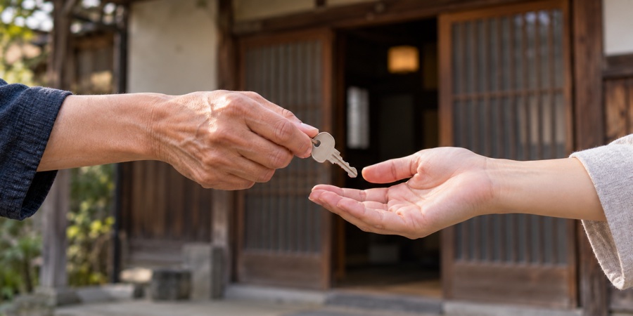 古い木造住宅の玄関先で、鍵を手渡す手元