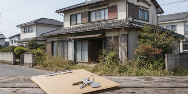 築古の空き家が売れない理由と次の選択肢|買取・解体・管理を比較の内容を表す空き家と資料のメインビジュアル