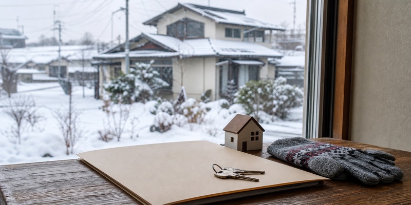 積雪のある北海道の住宅地にある空き家と処分方法を検討するイメージ