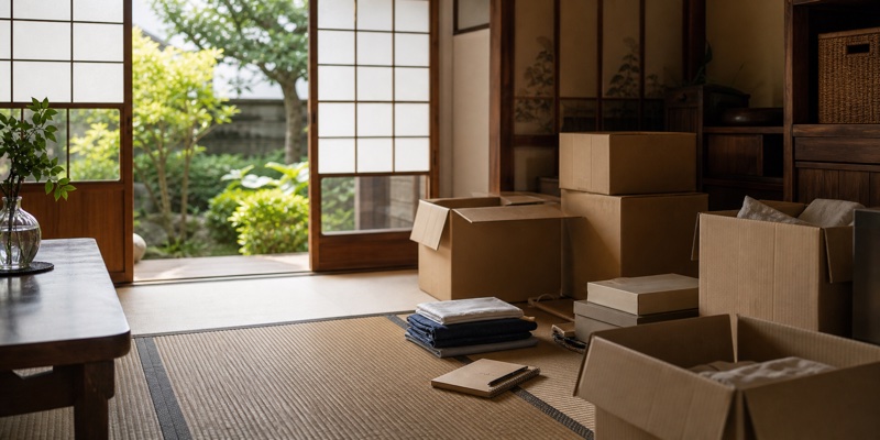 生前整理と家じまいの準備をイメージした畳の部屋と整理箱の写真